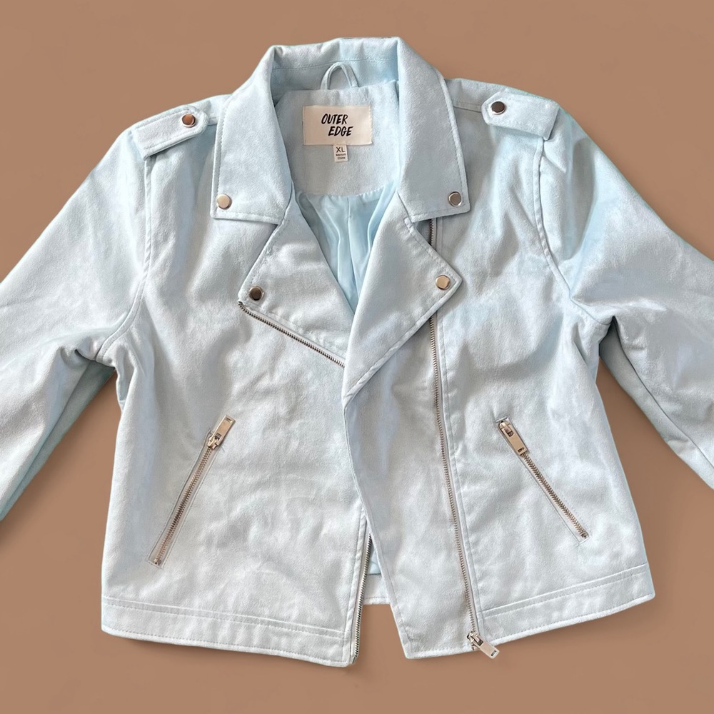 Outer Edge Ice Blue Faux Suede Edgy Moto Jacket Sz XL
